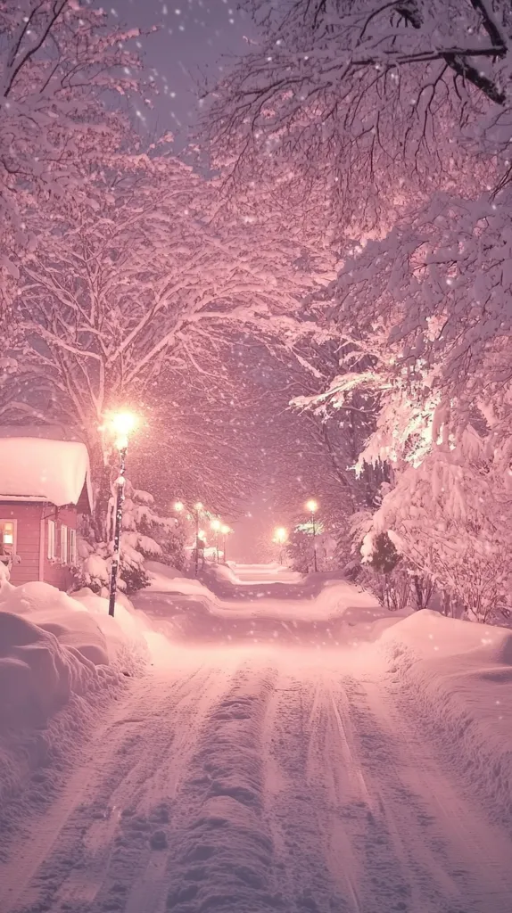A snow-covered street scene at night is bathed in a soft, pink glow.  Snow falls gently, illuminating the branches of heavily laden trees lining the street.  Warm light from street lamps casts a magical ambiance.  Snow-drifted houses are visible, adding to the winter wonderland charm. The scene is peaceful and serene, with tire tracks visible in the snow-covered road.