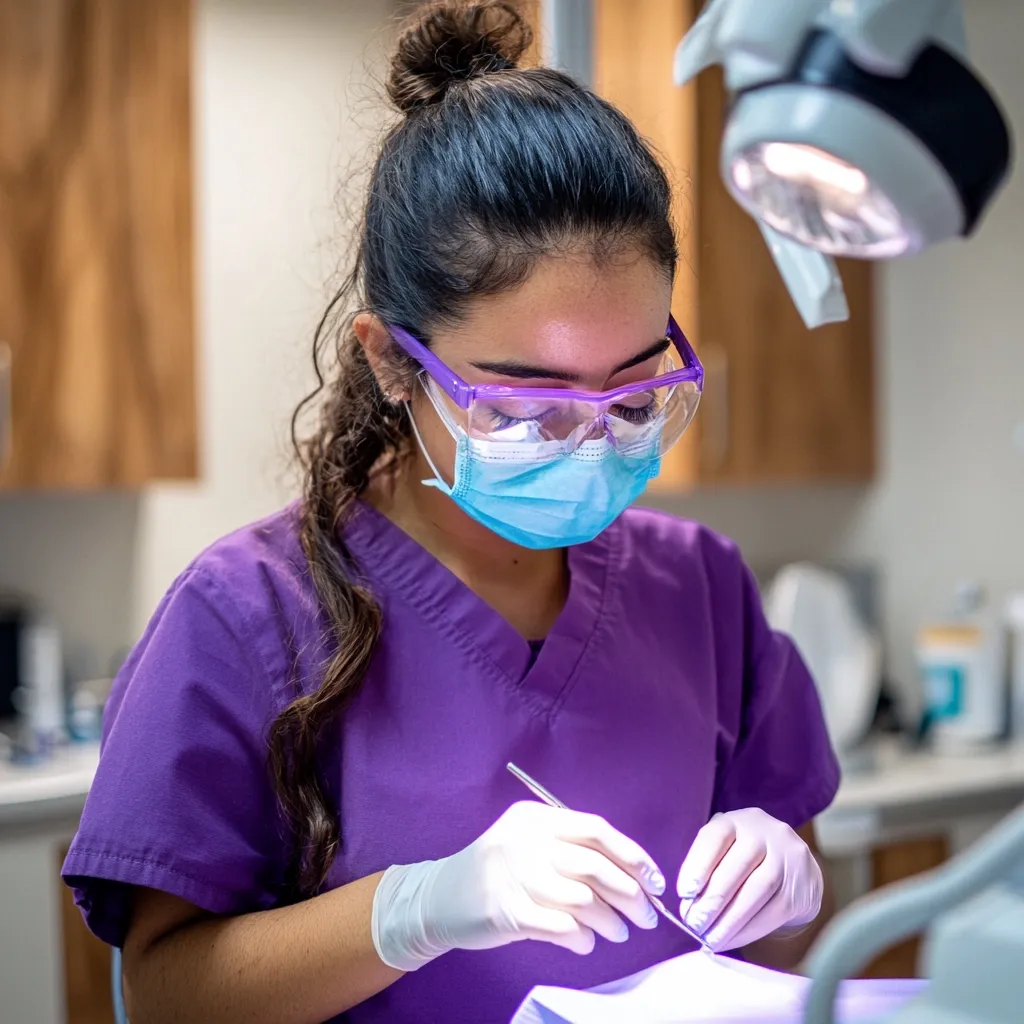 Close-up view of a young female dental hygienist or assistant, wearing a purple scrub top, protective eyewear, a face mask, and white gloves.  She is meticulously working on a patient, using a small dental tool, her focus intently on the task at hand. The dental light is visible in the background, illuminating the scene within a clean, professional dental office.  Her dark hair is pulled back in a bun.