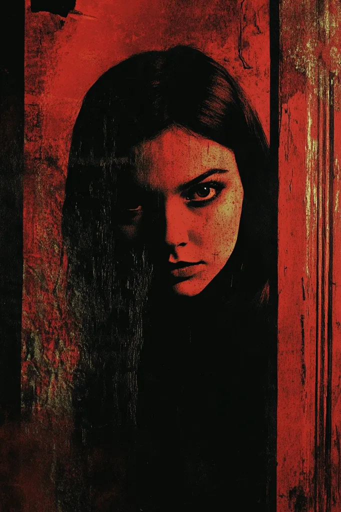 Here's a description of the image:

The image is a stylized portrait of a young woman, seemingly partially obscured or hidden. Her face, rendered in dark, shadowy tones against a fiery red background, is the focal point. The red backdrop resembles a textured wall or door, with hints of gold and dark brown, adding a sense of age and decay.  The woman's dark hair frames her face, partially covering one side. Her expression is serious, even slightly apprehensive, contributing to the overall mysterious mood of the piece. The contrast between the dark figure and the vibrant red creates a dramatic and visually arresting image.