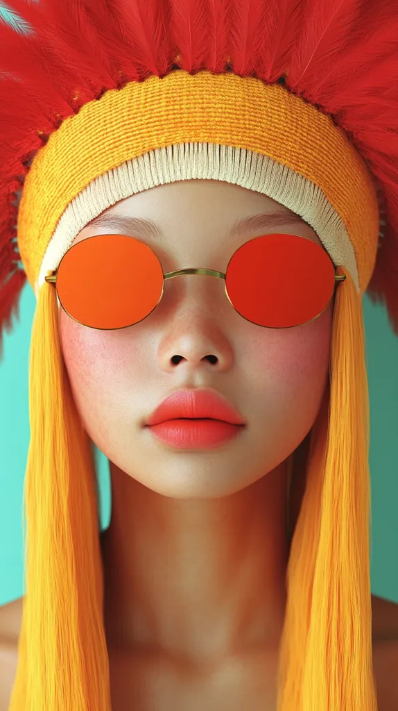 A close-up portrait of a stylized female figure. She wears a vibrant orange headdress adorned with red feathers, large round orange sunglasses, and long bright yellow hair.  Her makeup is bold, featuring coral lipstick and blush. The overall aesthetic is bold and colorful, with a digitally rendered, almost surreal quality.
