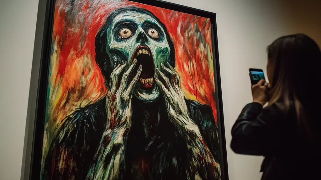 A large, expressionistic painting dominates the frame, depicting a figure with a gaping mouth and distorted features, hands clawing at its face. The palette is fiery, with oranges, reds, and blacks swirling around the central figure.  A woman in a black jacket stands to the right, using her phone to photograph the artwork, her back to the viewer. The scene suggests an encounter with powerful, perhaps unsettling, art.