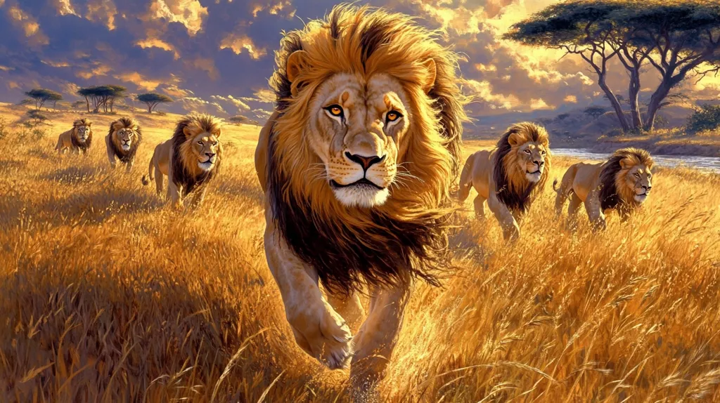 Here's a description of the image:

A majestic male lion leads a pride of three other lions across a golden savanna at sunset. The foreground lion, powerfully built with a thick, flowing mane, is sharply in focus, its gaze direct.  Behind it, three more lions – two males and a female – follow at a slight distance, their forms silhouetted against the vibrant, sunlit tall grass.  The backdrop features acacia trees and a dramatic, cloud-filled sky.  The overall scene evokes a sense of strength, wild beauty, and the untamed power of nature.