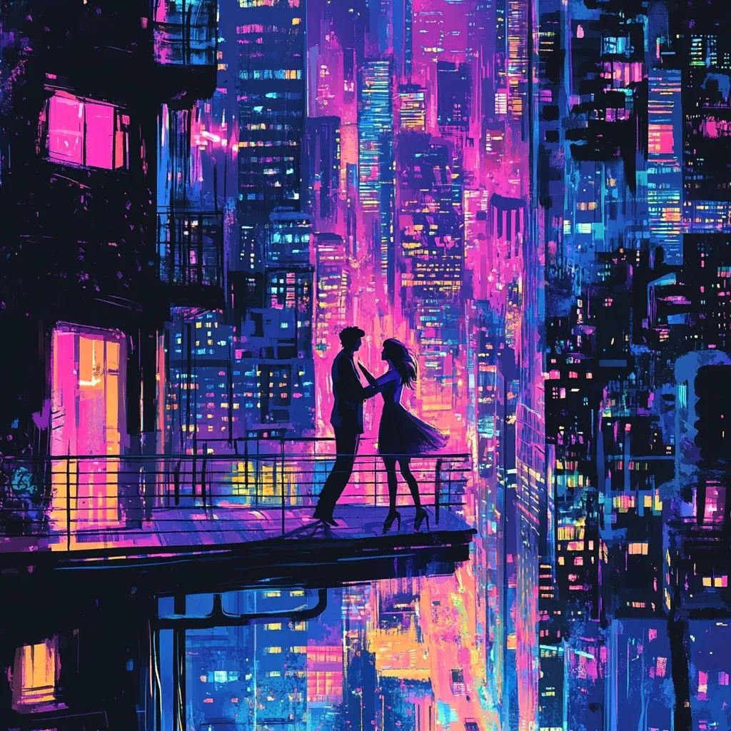 Here's a description of the image:

The illustration depicts a romantic silhouette of a couple embracing on a balcony high above a vibrant, neon-drenched cityscape.  The city stretches into the distance, a dazzling array of purple, pink, and blue-hued buildings, all glowing with light. The couple's dark silhouettes contrast sharply against the bright backdrop, creating a visually striking image. The style is reminiscent of digital art or a painting, with bold strokes and a slightly painterly effect. The overall mood is dreamy and romantic, with the city's energy serving as a backdrop to the intimate moment.