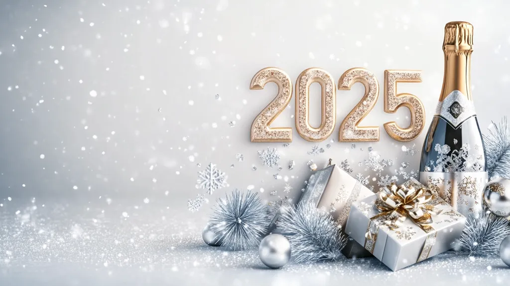 A festive New Year's image for 2025 features glittering gold numbers against a snowy, light gray backdrop.  A bottle of champagne stands beside elegantly wrapped presents adorned with silver and gold ribbons and embellishments. Silver tinsel and ornaments add to the celebratory ambiance.  Falling snowflakes and a sparkling surface complete the scene, creating a luxurious and joyful mood.