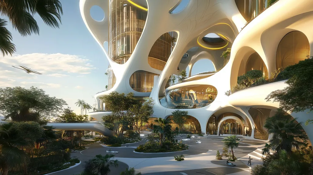 This architectural rendering showcases a futuristic, biomorphic building.  Its white, organic curves contrast with golden-hued interior spaces visible through large, irregular windows.  Lush landscaping integrates seamlessly with the structure's design, including palm trees and smaller plants nestled within the building's contours.  A small aircraft flies overhead, hinting at a technologically advanced setting.  A plaza in front features autonomous vehicles, adding to the sense of a modern, sustainable urban environment.