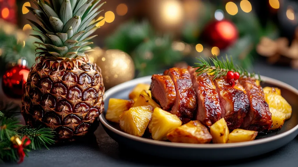 Here's a description of the image:

A close-up shot reveals a delectable Christmas dinner.  The main course features slices of glazed meat, possibly duck or ham, artfully arranged atop roasted pineapple chunks.  A sprig of rosemary with a few red berries rests atop the meat, adding a festive touch. The dish is presented on a dark-colored plate, set against a blurred backdrop of Christmas decorations – gold and red ornaments and a fir branch – creating a warm, inviting ambiance. A whole roasted pineapple sits to the left, completing the holiday feast. The scene is richly lit, highlighting the glossy texture of the meat and the golden hue of the pineapple.