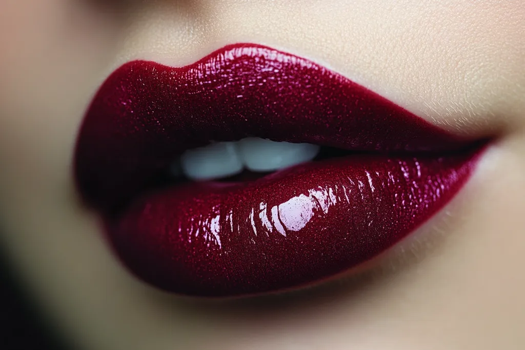 Close-up view of a woman's lips, meticulously painted with a rich, dark burgundy lipstick. The glossy finish gives a wet, lustrous look.  The color is deep and saturated, enhancing the natural shape and fullness of the lips.  The image focuses sharply on the texture and sheen of the lipstick, showcasing fine details and a high level of makeup artistry.  The teeth are subtly visible between the slightly parted lips.