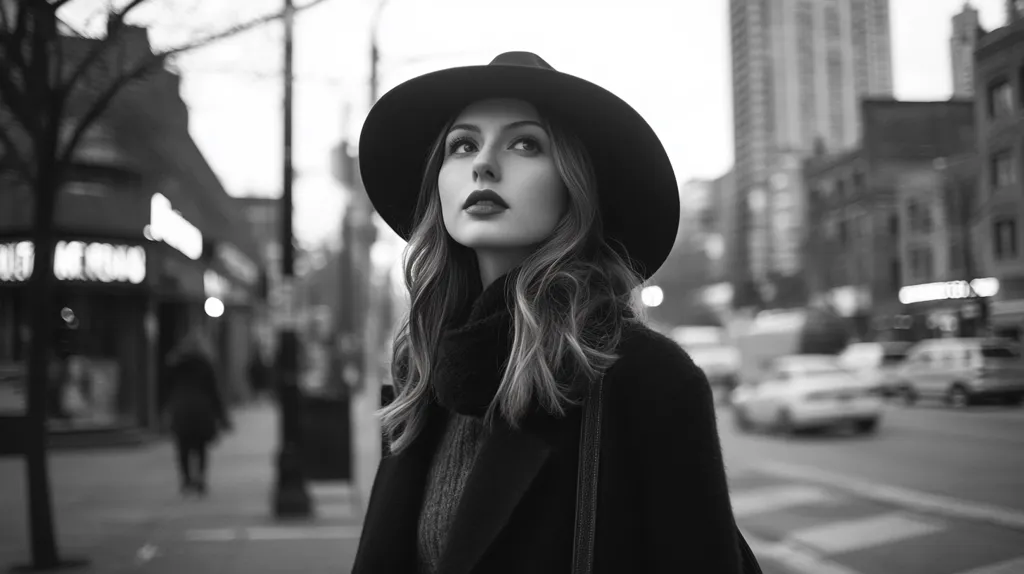 A young woman, stylishly dressed in a dark coat, hat, and scarf, stands on a city street.  The monochrome image emphasizes the contrast between her sharp features and the blurred background of urban buildings and passing cars.  Her gaze is directed upward, suggesting contemplation or a thoughtful moment within the bustling city environment.  The overall mood is one of quiet elegance and urban solitude.