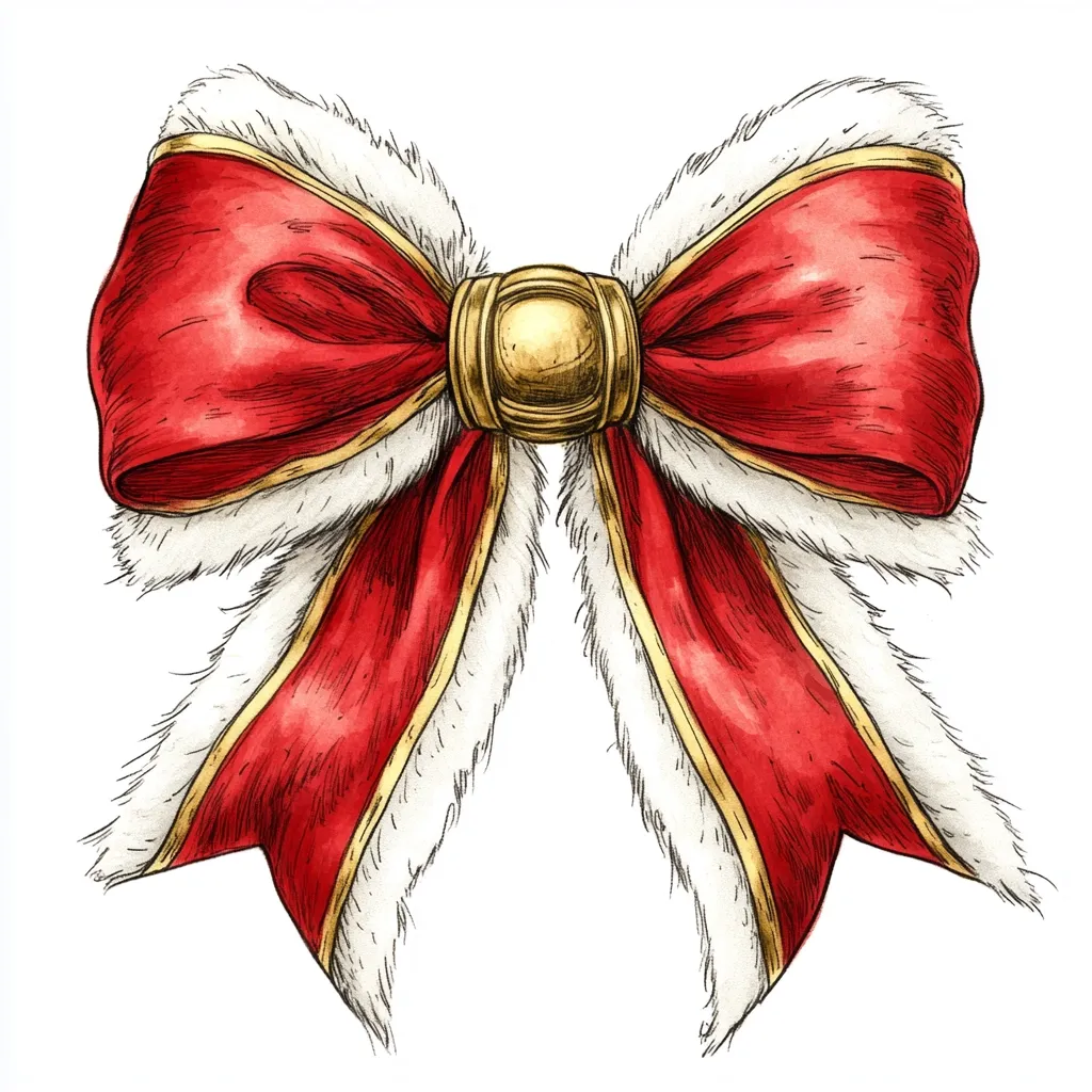 Here's a description of the image:

The illustration showcases a meticulously drawn, large red bow, richly detailed with fine lines suggesting a luxurious fabric.  Each loop is bordered with a fluffy white trim, which appears soft and plush.  At the center, a gold circular clasp adds a touch of elegance. The style is reminiscent of vintage holiday illustrations, possibly watercolor or pen-and-ink, with a focus on texture and shading to create depth and realism. The bow is presented against a stark white background, making it the focal point of the image.