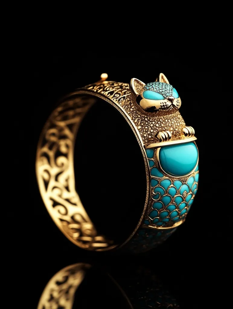 A luxurious gold bangle bracelet, intricately designed with turquoise inlay, is showcased against a stark black background.  A charming cat figurine, also adorned with turquoise and tiny sparkling stones for eyes, sits atop the bracelet.  The gold is richly detailed with swirling patterns, enhancing the bracelet’s ornate style. The image highlights the bracelet's opulence and craftsmanship.  Its reflection is visible on the polished black surface.