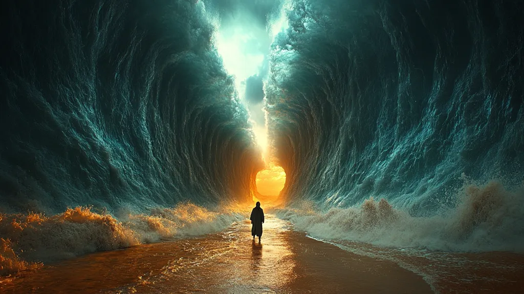 A solitary figure, cloaked and hooded, walks a path cleaved through immense, towering waves.  The water, dark teal and turbulent, forms a dramatic, almost vertical wall on either side, creating a tunnel-like effect. A bright, golden light emanates from the far end of the path, contrasting sharply with the ominous darkness of the surrounding sea. The scene evokes a sense of both awe and peril, suggesting a journey through challenging circumstances towards a hopeful destination.