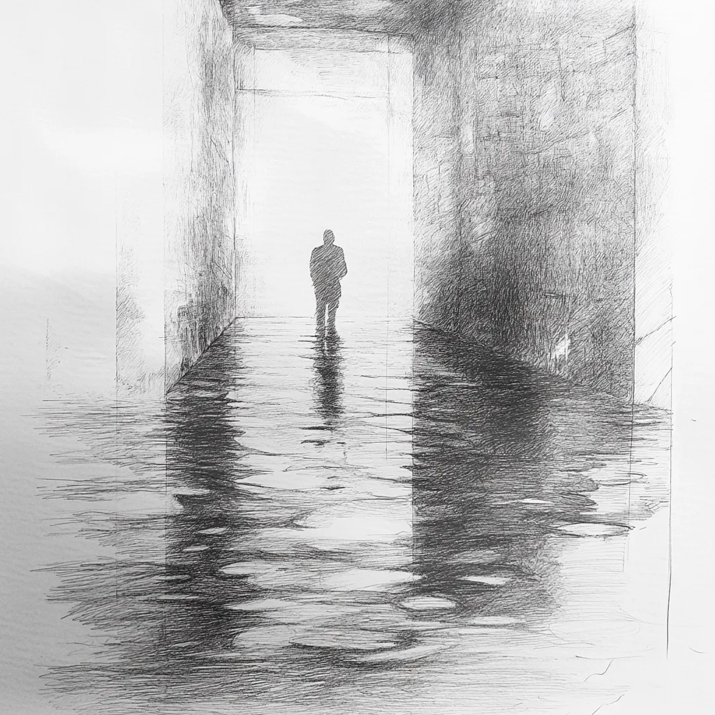 A pencil sketch depicts a solitary figure walking down a long, wet corridor towards a bright, undefined space. The walls are textured, suggesting age and shadow. The floor reflects the figure and the light, creating pools of dark and light.  The overall mood is contemplative and slightly melancholic, with a focus on the contrast between the lone individual and the vast, seemingly empty space. The detail is remarkable in its depiction of light, shadow, and water.