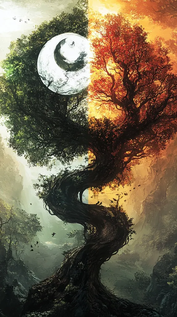 Here's a description of the image:

The artwork depicts a fantastical, large tree bisected by a luminous divide.  One half is vibrant green, lush and verdant, mirroring a serene, moonlit sky. The other half is ablaze with autumnal hues of orange and red, set against a fiery, sunset backdrop. The tree's trunk twists dramatically, creating a yin and yang-like effect. Birds flit across the scene, adding to the mystical atmosphere. The overall style blends surrealism with a touch of fantasy, suggesting a duality of nature and the passage of time.
