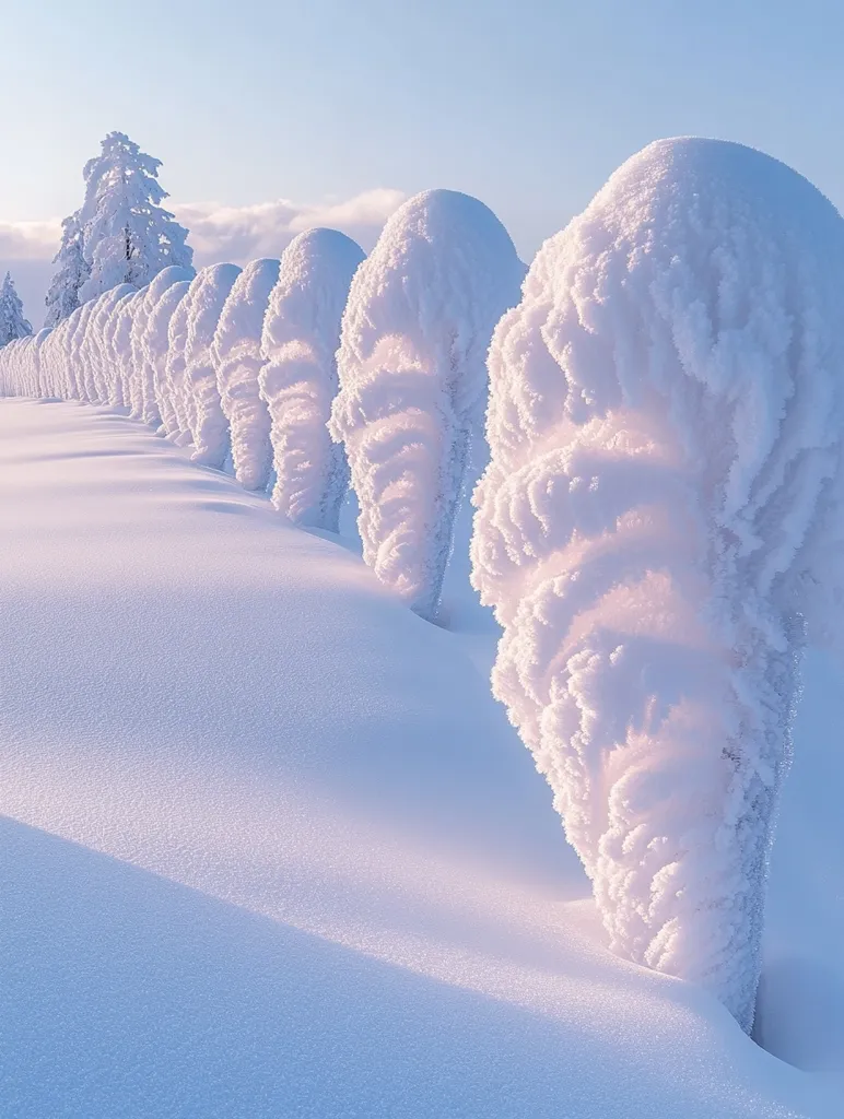 A breathtaking winter scene unfolds, showcasing a row of snow-covered posts extending into the distance.  The posts, heavily laden with frost, resemble sculpted ice formations, their surfaces textured with delicate, swirling patterns.  A soft, pale light illuminates the scene, casting gentle shadows on the pristine, undulating snowdrifts.  In the background, a few small, snow-dusted trees add to the tranquil, idyllic winter landscape. The overall effect is one of serene beauty and untouched natural wonder.