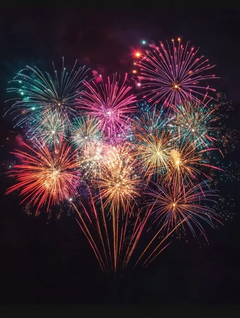 A vibrant display of fireworks explodes against a dark night sky.  Multiple bursts of color, including pinks, purples, oranges, and greens, illuminate the scene.  The fireworks are varied in size and shape, creating a dynamic and festive composition.  The trails of light stream downwards, adding to the spectacle.  The overall impression is one of celebration and excitement.