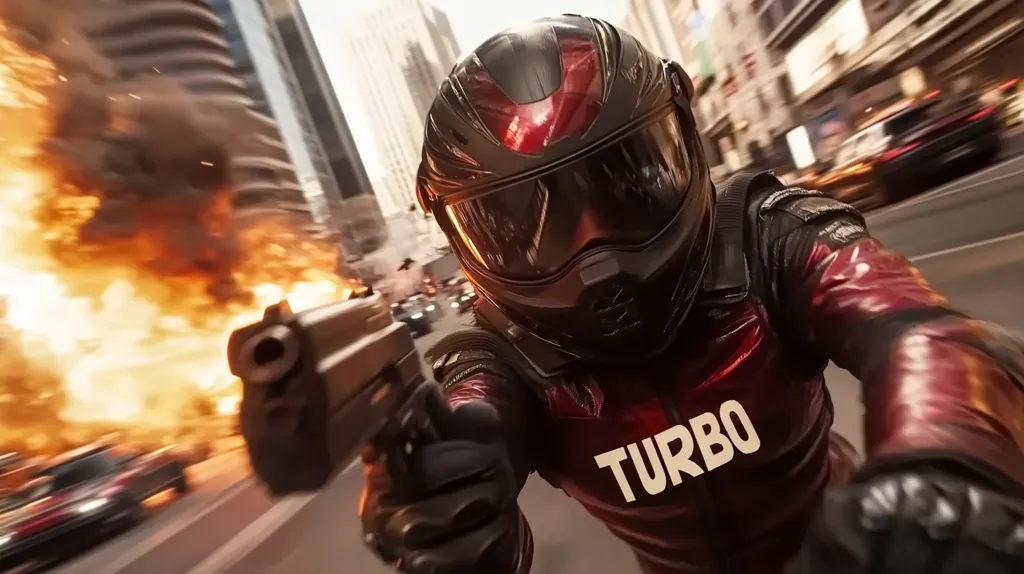 Here's a description of the image:

The image is a first-person perspective shot of a person in a red and black racing suit and helmet, aiming a handgun.  The helmet has the word "TURBO" displayed prominently on the chest.  The background is a blurry cityscape with a large explosion of fire and smoke to the left, and speeding cars in motion, suggesting a high-speed chase or action scene. The overall mood is intense and action-packed.