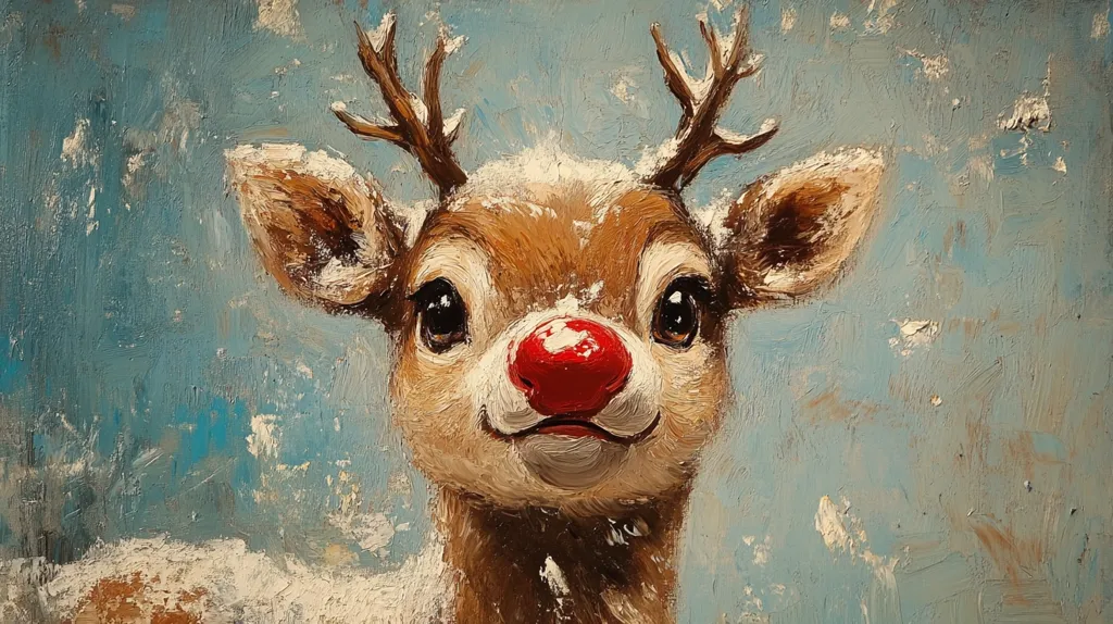 Here's a description of the image:

The painting depicts a close-up of a young reindeer against a textured, light-blue background suggesting a snowy scene.  The reindeer's fur is rendered with visible brushstrokes, showing a mix of browns and hints of white, imitating snow.  Its large, expressive eyes and a bright red nose are prominent features.  The antlers are small, indicating youth, and are also dusted with white. The overall style is painterly and slightly impressionistic, with a focus on texture and a charming, whimsical representation of the animal.