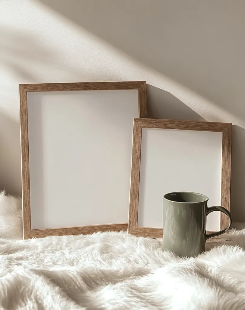 Two light wood picture frames, one larger than the other, sit on a fluffy white rug.  The frames are empty, showcasing their clean, minimalist design. A muted sage green mug rests beside the smaller frame.  Sunlight streams across the scene, casting soft shadows and highlighting the warm tones of the wood against the neutral backdrop. The overall aesthetic is calm and serene.