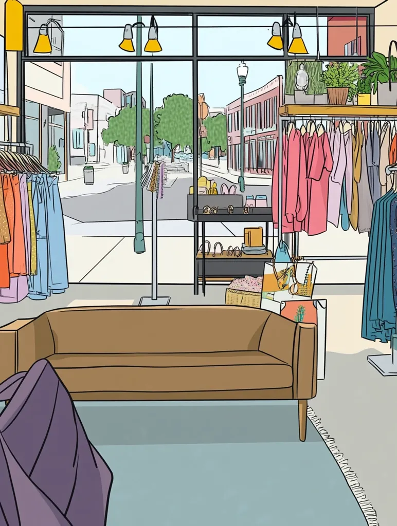 The illustration depicts the interior of a trendy boutique.  Large windows display a sunny street scene with trees and buildings. Inside, clothing racks showcase colorful apparel, while a brown couch sits centrally, inviting customers to relax.  Accessories are displayed on a small shelf, and potted plants add a touch of greenery. The overall style is clean and inviting, suggesting a stylish and comfortable shopping experience.  A large purple bag is partially visible in the bottom left corner.