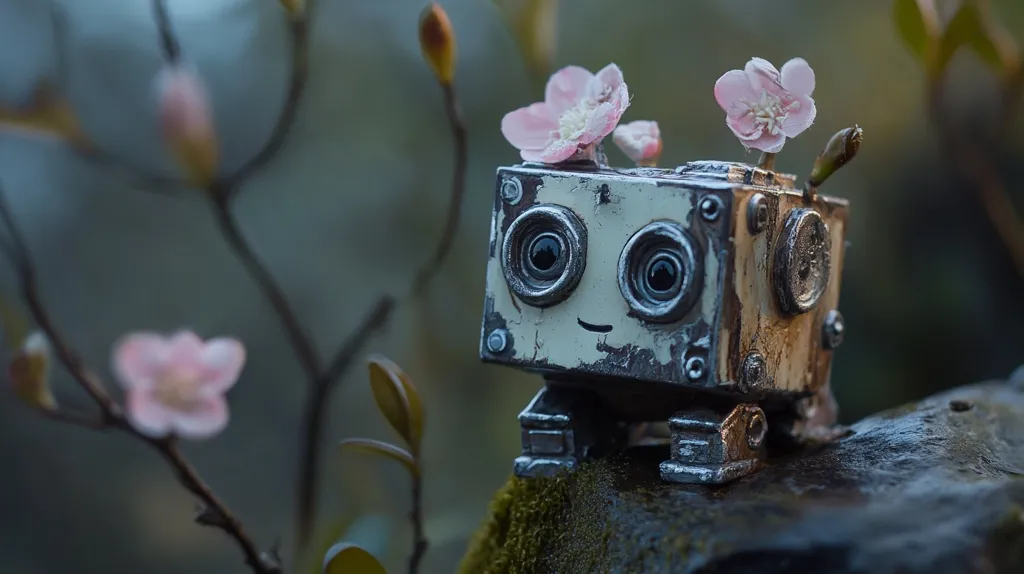 A small, boxy robot with a weathered, metallic finish sits on a mossy rock.  Its large, expressive eyes and slight smile give it a friendly appearance. Two delicate pink blossoms rest atop its head, adding a whimsical touch. The robot is nestled amongst the blurred background of a blossoming branch, creating a serene and slightly surreal scene. The overall mood is peaceful and contemplative.