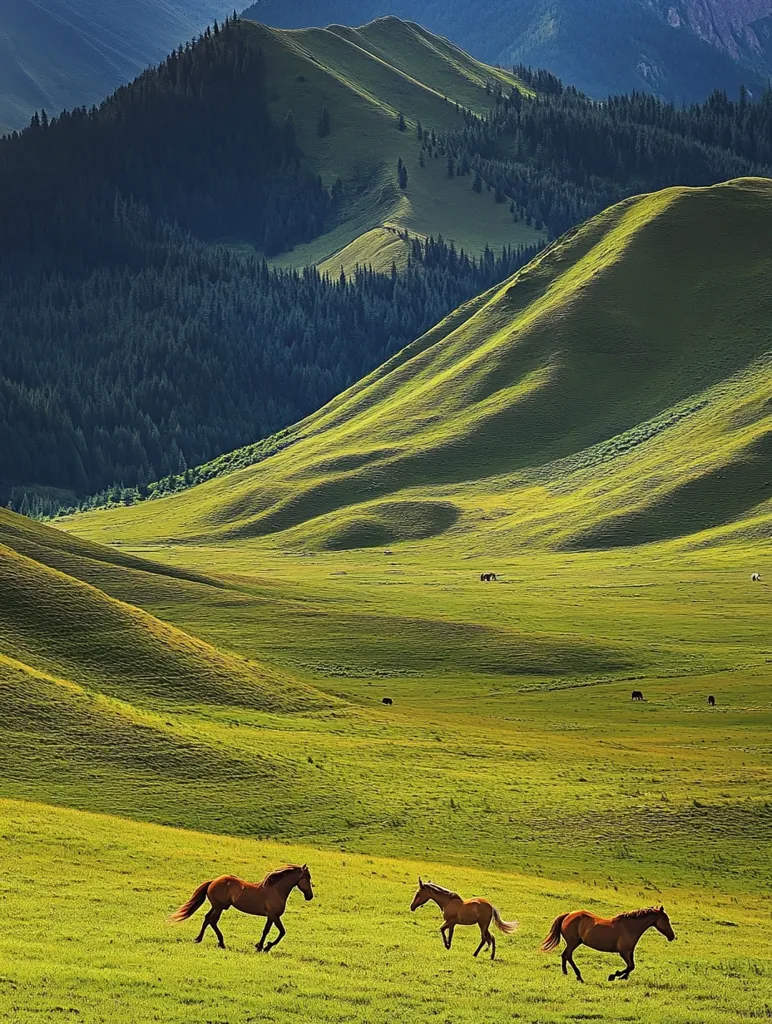Here is a description of the image:

The photograph showcases a breathtaking landscape of rolling green hills, dotted with a few dark-colored animals that appear to be horses or cattle. The foreground features a vibrant, lush pasture where three brown horses are grazing peacefully.  In the background, the hills rise gradually, culminating in a backdrop of dark green coniferous forests clinging to the mountain slopes.  The overall scene is bathed in soft, natural light, creating a serene and idyllic atmosphere. The image evokes a sense of vastness and tranquility, characteristic of a remote and unspoiled natural environment.