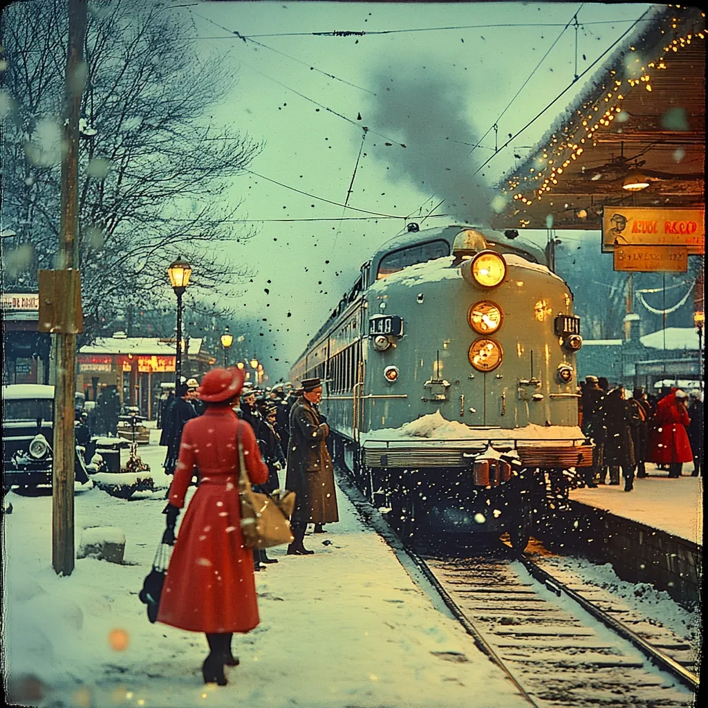 A vintage-style photograph depicts a snowy winter scene at a train station. A teal-colored passenger train, number 148, has just arrived, emitting steam. Passengers disembark onto the snow-covered platform. A woman in a vibrant red coat, carrying a handbag, stands out prominently, walking away from the train.  Other passengers, dressed in period attire, are visible. The scene is atmospheric, with soft lighting and falling snow adding to the nostalgic charm.  A string of lights decorates the station canopy overhead.