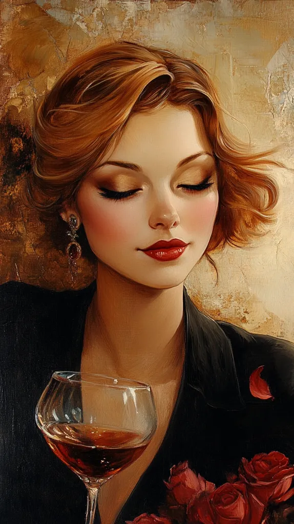 A painting of a woman with auburn hair styled in a 1920s wave. Her eyes are closed, and she has a serene expression. She wears a dark dress and dangling earrings. A glass of red wine sits before her, partially obscuring a bouquet of dark red roses. The style is painterly and romantic, with textured brushstrokes adding depth and richness to the colors. The overall mood is one of quiet contemplation and elegance.