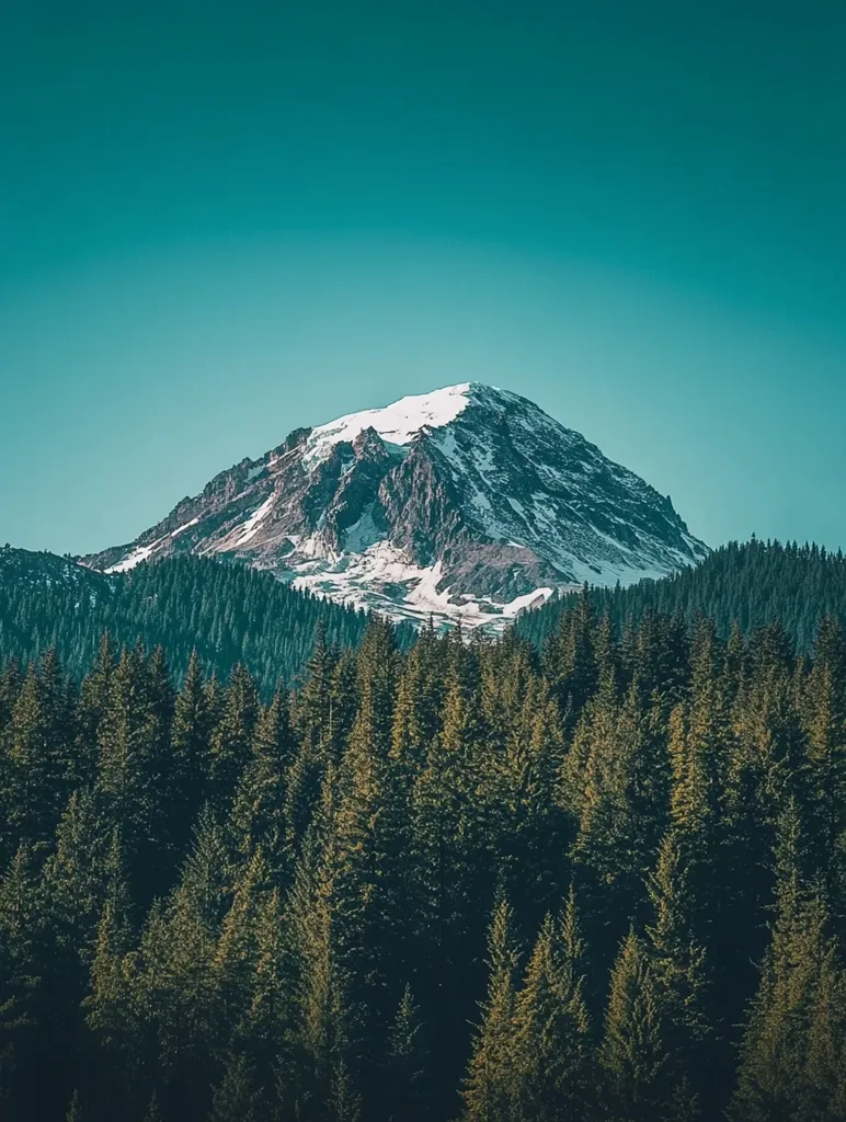 A majestic snow-capped mountain dominates the background against a clear, teal sky.  Its peak is partially obscured by a dense, dark forest of evergreen trees that stretches across the lower two-thirds of the image.  The contrast between the bright snow, the dark trees, and the vibrant sky creates a striking, serene landscape photograph. The image has a slightly desaturated, vintage feel.
