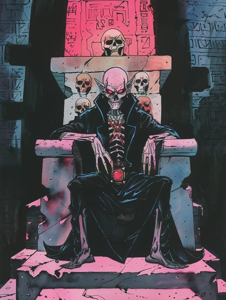 A skeletal vampire, with pink skin and glowing red eyes, sits regally on a stone throne. The throne is adorned with skulls and ancient glyphs. The vampire's attire is dark, flowing robes. The background features weathered stone walls, also etched with symbolic markings, creating a gothic, possibly ancient or mystical atmosphere. The overall color palette is dark, punctuated by vibrant pinks and reds.