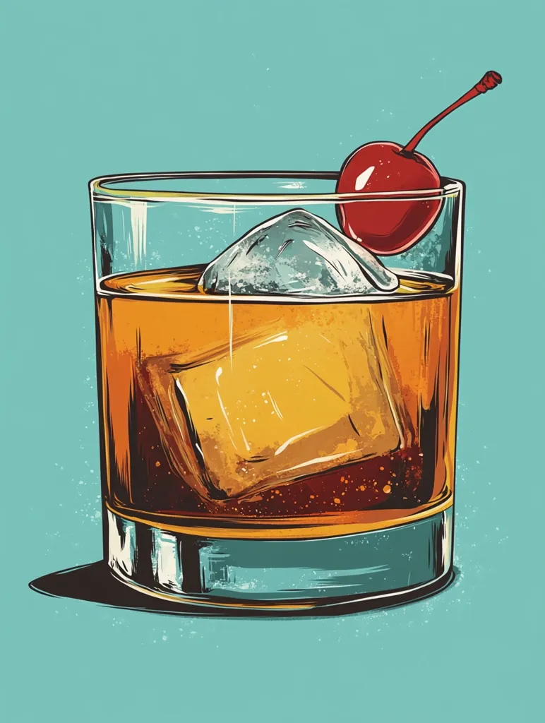 Here's a description of the image:

The illustration showcases a meticulously detailed Old Fashioned cocktail. The rocks glass is filled with amber-colored liquid, a large ice cube, and garnished with a vibrant red cherry on a stem.  The style is vintage-inspired, with a textured, slightly rough appearance suggesting hand-drawn artwork or a digital painting mimicking that style. The background is a muted teal, offering a pleasing contrast to the rich colors of the drink. The overall feel is sophisticated and evocative of classic cocktail culture.