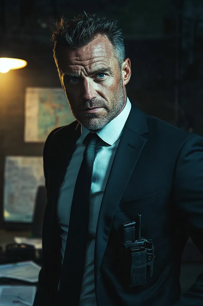 Here's a description of the image:

The photograph is a dramatic close-up of a middle-aged man, sharply dressed in a dark suit and tie.  His expression is serious, almost stern, conveying a sense of intensity and authority.  He has short, styled graying hair and a well-groomed beard.  A radio is visible clipped to his jacket, suggesting a professional role, perhaps in law enforcement or security. The background is dark and blurry, with hints of maps or documents, creating a mysterious and moody atmosphere. The lighting focuses on the man, highlighting his features and emphasizing his determined gaze. The overall image evokes a feeling of suspense and intrigue.