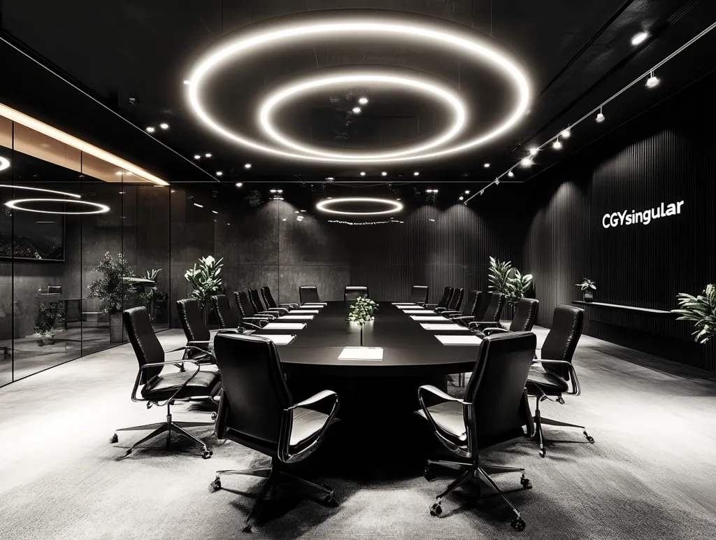 A sleek, modern boardroom is bathed in dramatic lighting.  Black leather chairs surround a long, dark conference table, centrally positioned.  The room's dark walls and ceiling are accented by circular LED lights, creating a sophisticated atmosphere.  Potted plants add a touch of green, contrasting the predominantly black palette. The logo "CGYSingular" is subtly displayed on a black wall, identifying the space.  The overall design is minimalist and elegant.