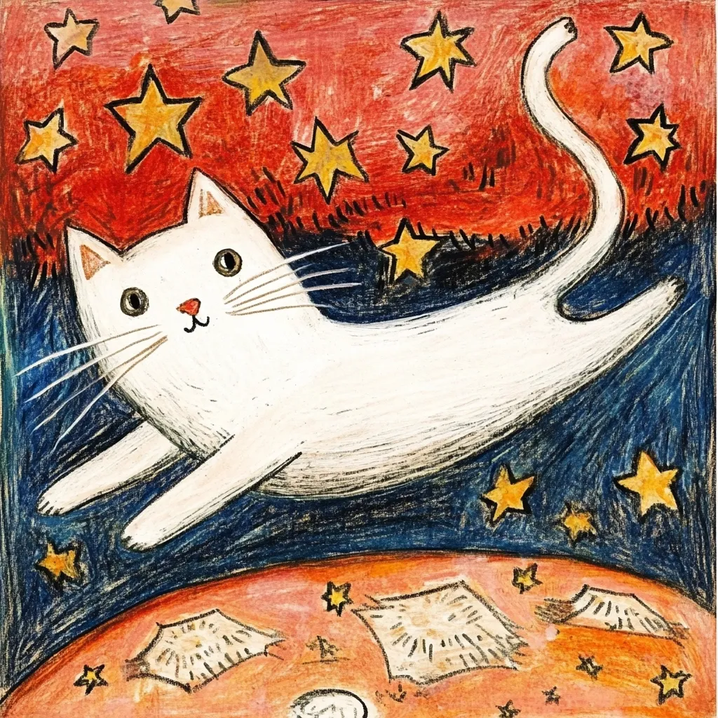 A whimsical crayon drawing depicts a white cat soaring through space. The cat, drawn with childlike simplicity, has a joyful expression and stretches its body across the artwork. It's surrounded by a vibrant backdrop of red and blue, speckled with numerous yellow stars. Below, a portion of a planet or celestial body is visible, adding to the fantastical, dreamlike quality of the piece. The overall style is naive and expressive.