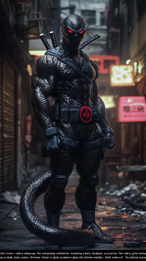 A digital rendering depicts a dark, muscular figure resembling Deadpool, but with a black, scaled cobra-like tail. The character confidently stands in a dimly lit alleyway, katana swords strapped to their back. The suit's texture is glossy and sleek, showcasing intricate detailing.  Red glowing eyes peek from behind the mask. The overall aesthetic is dark, gritty, and superhero-inspired.