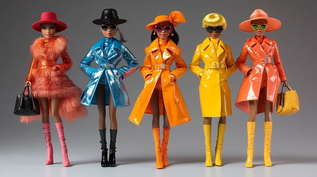 Five fashion dolls stand in a row against a gray backdrop.  Each doll sports a distinct style: one in a fluffy orange coat and pink boots, another in a shiny blue raincoat and black boots, and three more in vibrant orange, yellow, and coral patent leather coats and matching boots.  All dolls wear sunglasses and hats, showcasing a coordinated, bold fashion sense. The dolls' accessories include handbags that complement their outfits. The overall image is sleek and stylish, suggesting a high-fashion collection.
