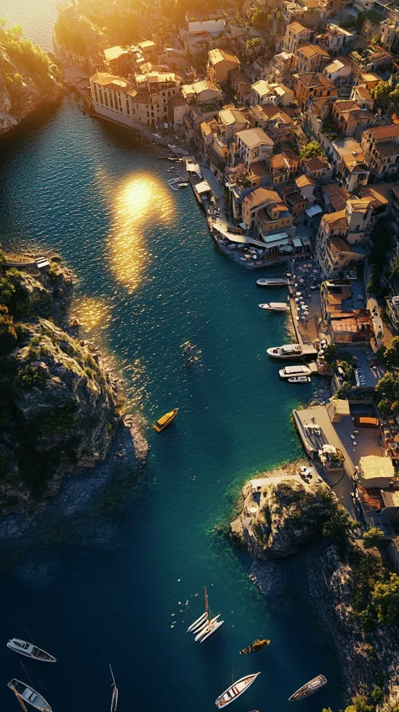 Here is a description of the image:

An aerial shot captures a picturesque coastal town nestled between rocky cliffs.  Golden sunlight glints off the calm, deep blue water of the harbor, where numerous boats and yachts are moored.  The town's architecture is a charming blend of terracotta roofs and aged stone buildings, densely packed together.  The scene evokes a sense of tranquility and idyllic Mediterranean charm, perhaps somewhere in Italy or Greece. The cliffs, lush with greenery, frame the vibrant scene. The overall feeling is one of serene beauty and timeless elegance.