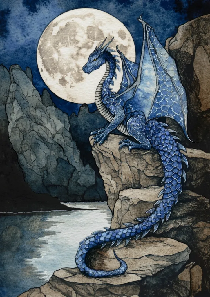 A watercolor painting depicts a majestic blue dragon perched on rocky outcrops overlooking a tranquil body of water. The dragon, detailed with intricate scales and a long, elegant tail, is positioned against a backdrop of a large, full moon in a twilight sky. Dark, imposing cliffs frame the scene, adding to the mystical and serene atmosphere. The artist masterfully uses cool tones to create a sense of mystery and tranquility.