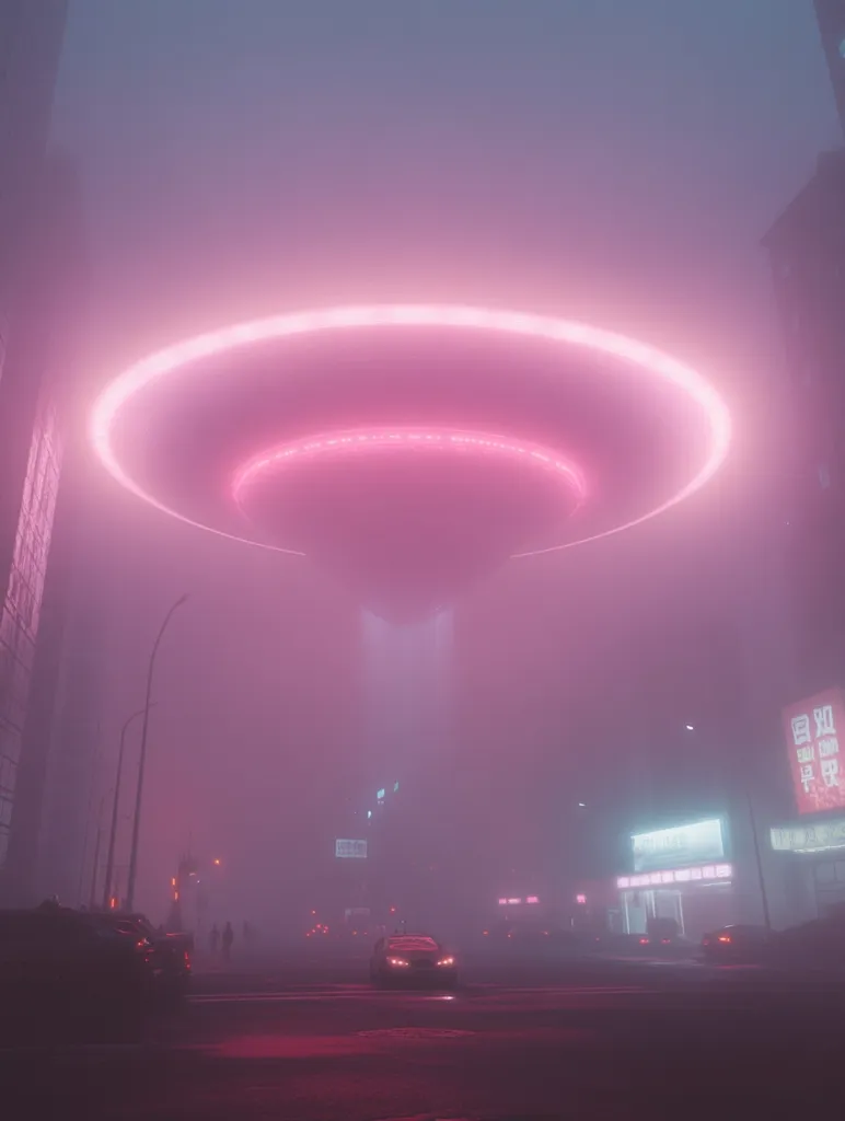 A large, glowing pink UFO hovers silently over a city street shrouded in a thick fog.  The neon pink light of the spacecraft illuminates the misty scene, casting a surreal, almost dreamlike atmosphere.  Cars are visible, small and indistinct in the haze, along with faint streetlights and buildings.  The overall tone is one of mystery and otherworldly presence. The scene is rendered in a vibrant, synthwave-inspired aesthetic.