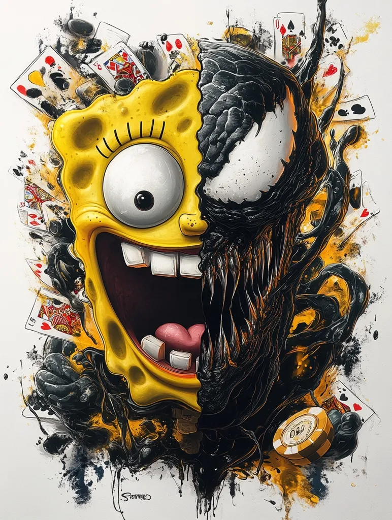 Here's a description of the image:

The artwork depicts a striking fusion of SpongeBob SquarePants and Venom.  SpongeBob's cheerful yellow face occupies one half, while Venom's dark, sinister form dominates the other.  The two characters are seamlessly blended, creating a surreal, almost monstrous entity.  The background features playing cards scattered amidst black and gold ink splatter, adding a chaotic and vibrant element to the piece. A casino chip is prominently displayed near the bottom, suggesting a theme of chance or gambling. The style is bold and graphic, utilizing contrasting colors and textures to emphasize the duality of the characters. The artist's signature is subtly placed at the bottom.