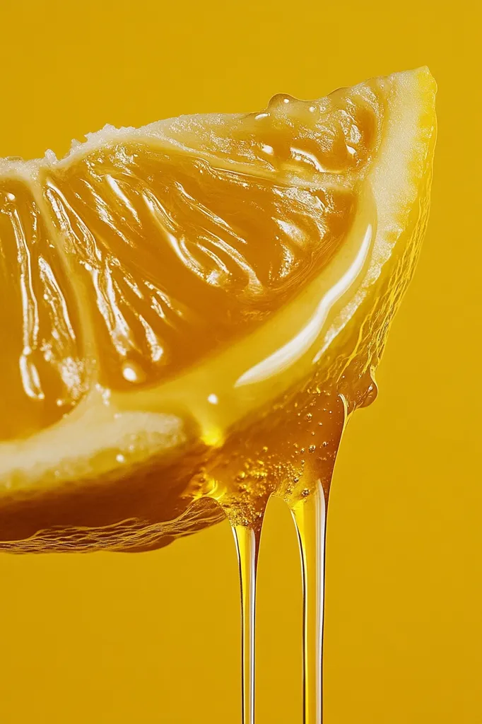 A close-up shot reveals a lemon wedge generously coated in honey.  The honey, thick and viscous, drips down the wedge in glistening strands against a vibrant yellow background. The image focuses on the texture and color contrast, emphasizing the juicy citrus and the golden, syrupy honey. The overall effect is one of rich, natural sweetness.