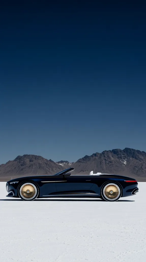 A dark-colored Mercedes-Maybach convertible is showcased in profile view against a stark, minimalist backdrop. The car sits on a bright white expanse, possibly a salt flat, with a range of dark mountains under a clear, deep blue sky. The car's elegant design and gold-rimmed wheels are highlighted, creating a striking contrast against the natural landscape. The overall impression is one of luxury, sophistication, and expansive openness.