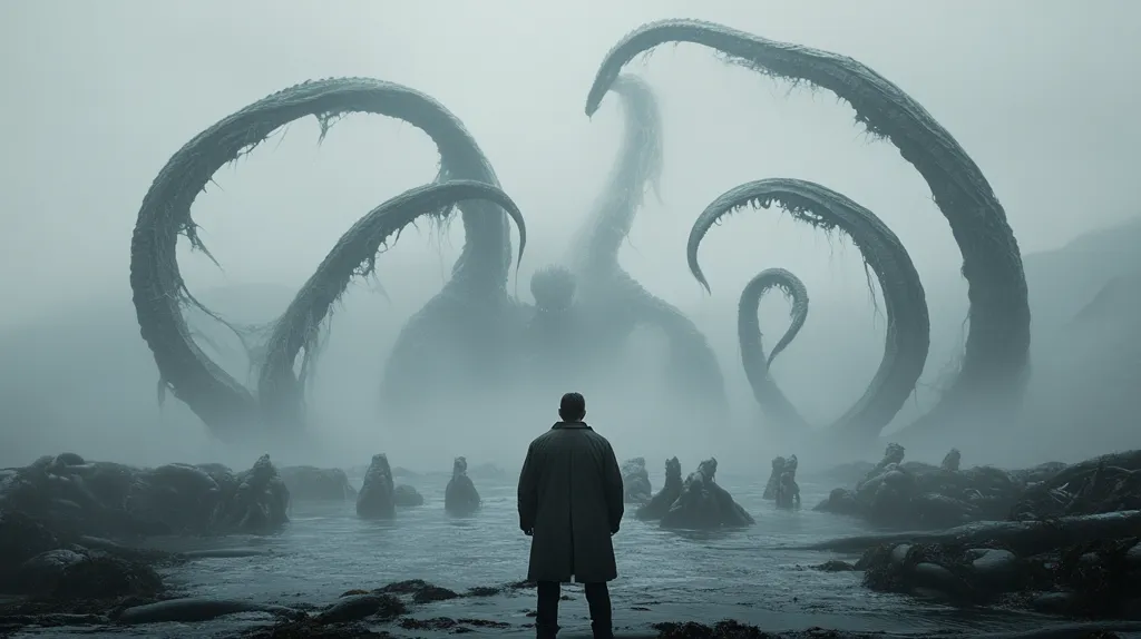 A man stands on a misty shore, facing a colossal, tentacled creature emerging from the fog.  The creature's form is vaguely Lovecraftian, its massive limbs arching overhead.  Smaller, indistinct figures are scattered in the shallows around the man, adding to the scene's unsettling atmosphere. The overall palette is muted, emphasizing the grayness of the fog and the monstrous entity. The image evokes a sense of awe, dread, and impending doom.
