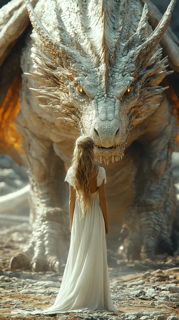 A young woman in a flowing white gown stands before a majestic, light-grey dragon. The dragon, immense and detailed, dominates the foreground, its powerful presence filling the frame. Its intense gaze is fixed on the woman, who appears serene yet apprehensive.  The setting is a rocky, sun-drenched landscape, creating a dramatic and mystical atmosphere. The scene suggests a moment of intense interaction, possibly a meeting between a mythical creature and a human.