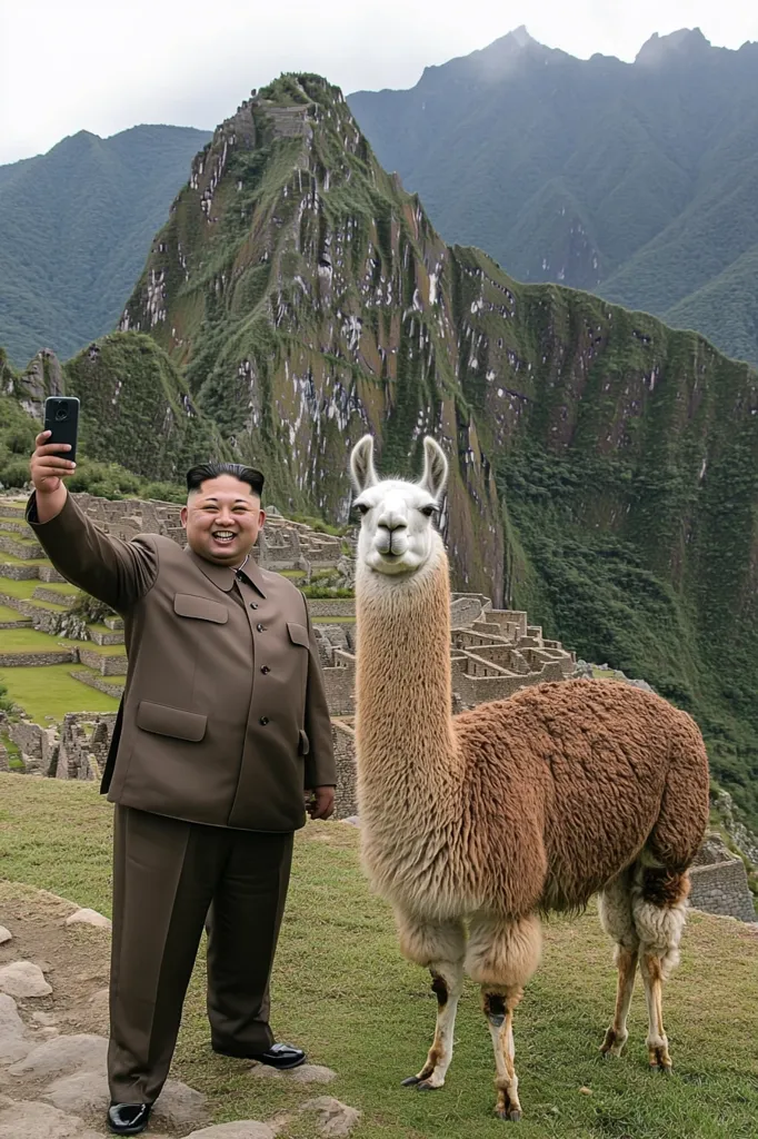 Kim Jong-un, the Supreme Leader of North Korea, stands beside a llama at Machu Picchu, the ancient Inca citadel in Peru.  He holds a smartphone, presumably taking a selfie.  The imposing backdrop of the Andes Mountains and the ruins of Machu Picchu provide a stark contrast to the unusual pairing of the world leader and the camelid.  The image is humorous and unexpected, juxtaposing a powerful political figure with a docile animal in a remarkably scenic location.