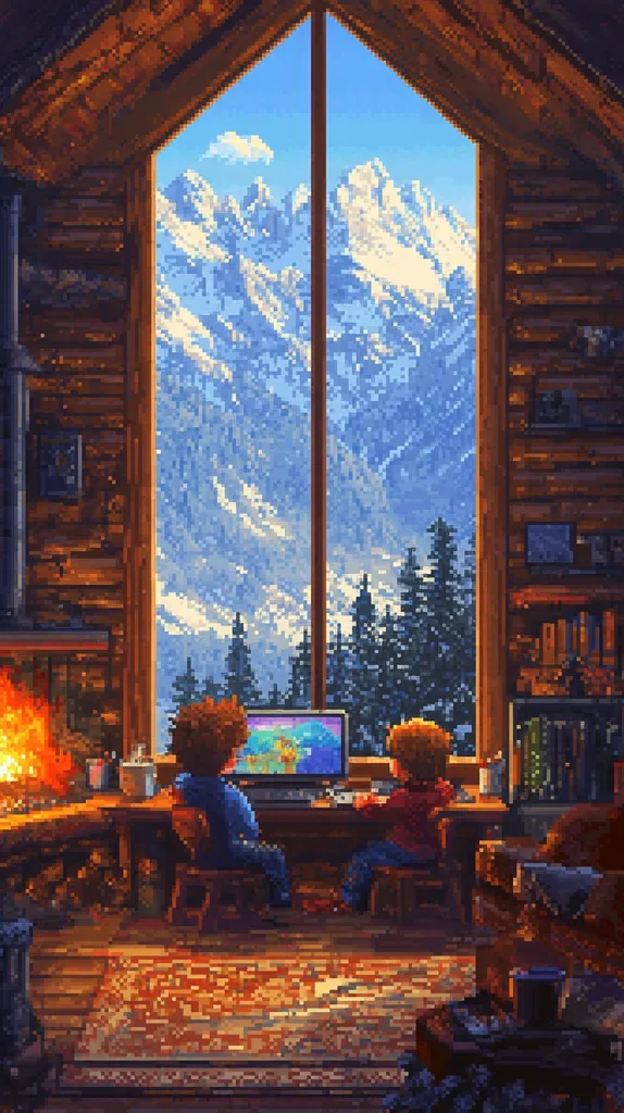 A pixel art image depicts a cozy cabin nestled in a mountainous region.  Two children sit at a desk before a computer, a large window showcasing a breathtaking snowy mountain vista.  A warm fire crackles in a nearby hearth, adding to the scene's inviting atmosphere. Bookshelves and rustic wooden furniture complete the cabin's interior, creating a sense of peaceful seclusion.  The pixelated style adds a charming, nostalgic quality.