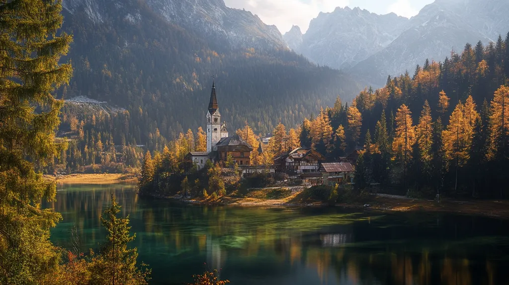 Here is a description of the image:

A picturesque village nestles on a tranquil lake, set against a dramatic backdrop of towering, snow-capped mountains. Autumnal hues paint the surrounding forest, with golden larches standing out against the deep greens.  A church steeple rises prominently from the village center, its white facade contrasting against the warm tones of the buildings and foliage. The lake's still waters reflect the scenery, creating a mirror image of the majestic landscape.  The scene evokes a sense of serene beauty and peaceful solitude.