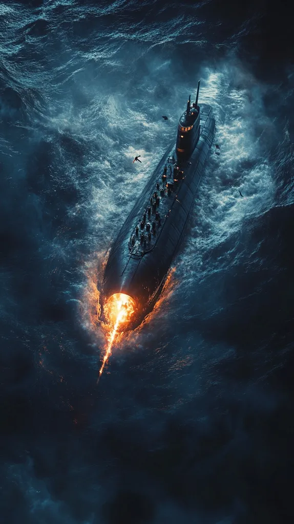 A dark, dramatic image depicts a submarine surging through a tempestuous sea.  Fiery orange light bursts from its rear, perhaps a propulsion system or weapon.  Several small figures, possibly crew members, are visible near the vessel, contrasting against the vast, churning water. The overall mood is one of intense action and power, suggesting a scene from a film or video game. The dark, stormy sea enhances the feeling of danger and urgency.
