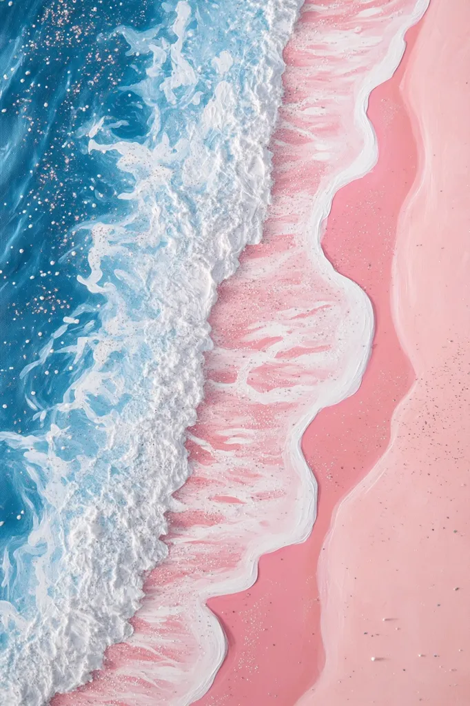 This image is an abstract painting depicting a beach scene.  The ocean is a vibrant teal blue, speckled with lighter accents, contrasting sharply with the soft, blush pink sand.  White paint, textured to mimic waves, creates a dynamic boundary between the sea and shore.  Subtle glitter adds shimmer to both the water and sand, enhancing the dreamy, ethereal quality of the artwork. The overall effect is calming and visually appealing, resembling a tranquil coastal paradise.