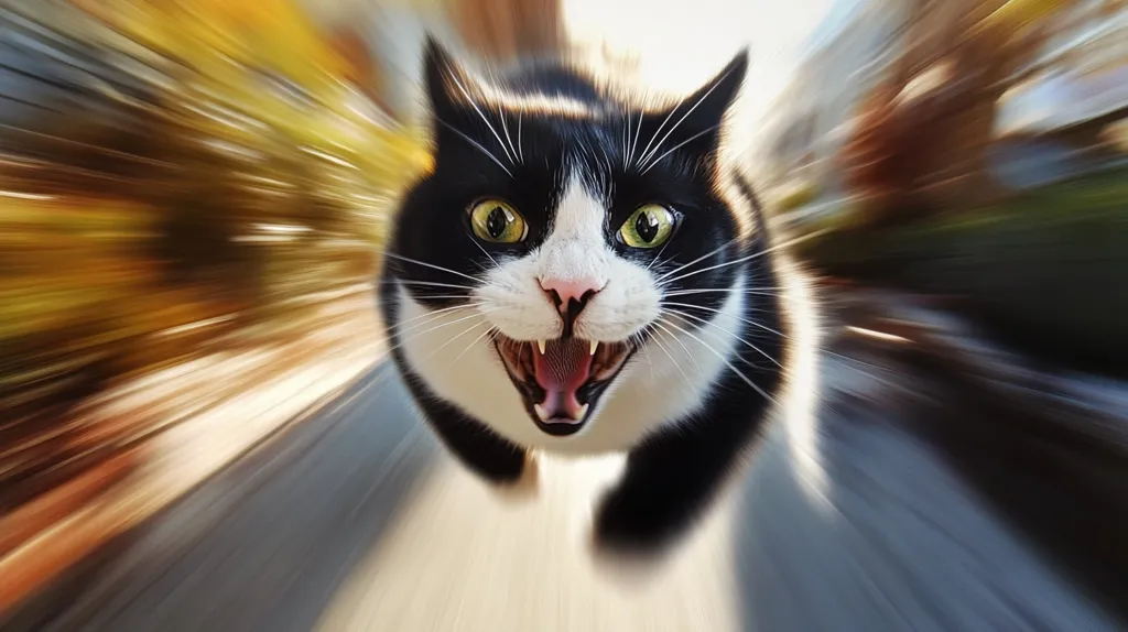 Here's a description of the image:

The image shows a tuxedo cat, predominantly black and white, in a dynamic, fast-motion blur.  The cat is captured mid-stride, its mouth open in a fierce expression, teeth bared.  The background is a vibrant streak of blurred colors suggesting rapid movement.  The overall effect is a sense of intense speed and energy, giving the impression of a cat in a furious sprint. The cat's eyes are wide and expressive, adding to the dramatic effect.