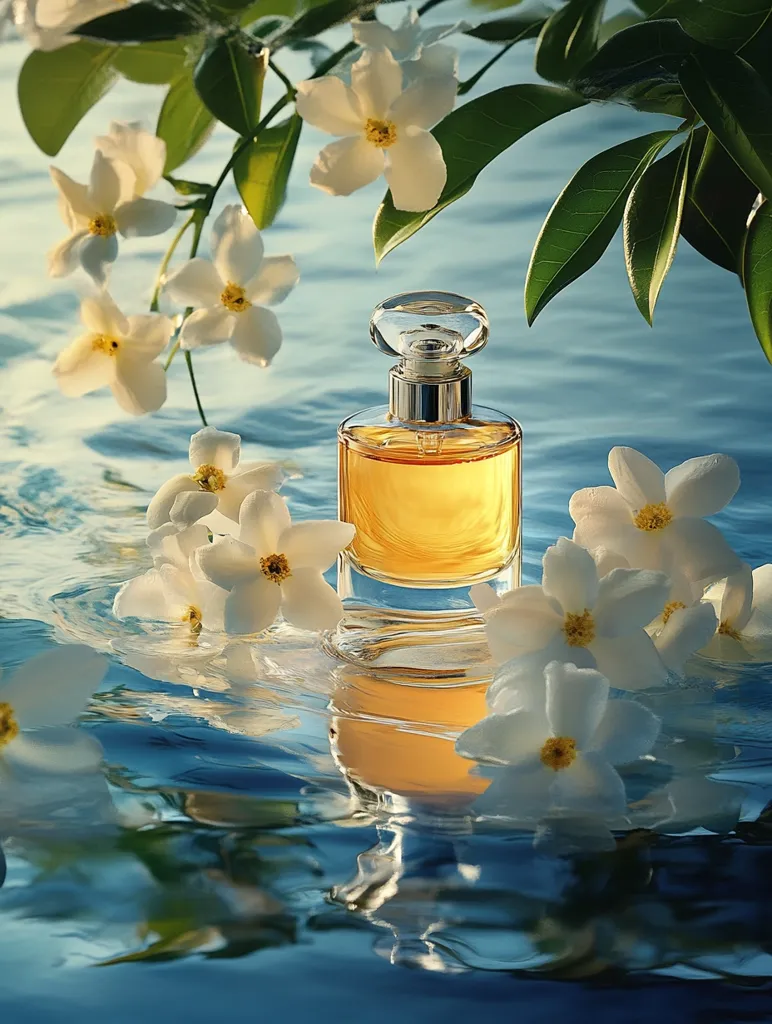 A bottle of amber perfume sits nestled amongst white flowers floating on rippling blue water.  The flowers, likely jasmine, are partially submerged, their petals reflecting the light. Lush green leaves frame the scene, suggesting a tranquil, luxurious setting. The overall image evokes feelings of serenity and natural beauty, emphasizing the fragrance's connection to nature.
